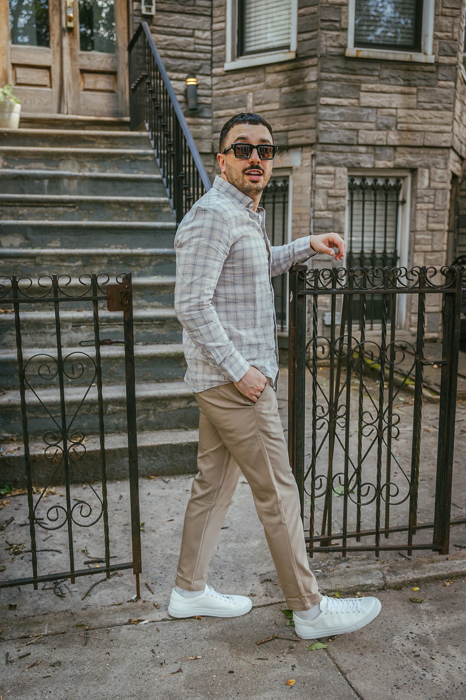 Linen Blend Button Down Shirt Beige Plaid