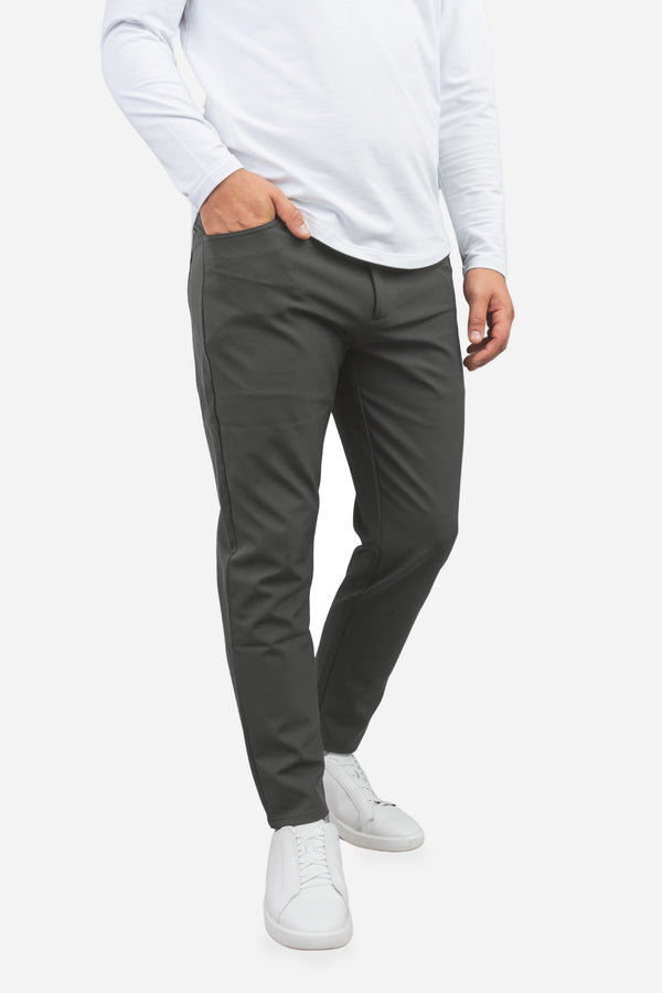 Charcoal 5 Pocket Super Stretch Performance Pants, three-quarter view