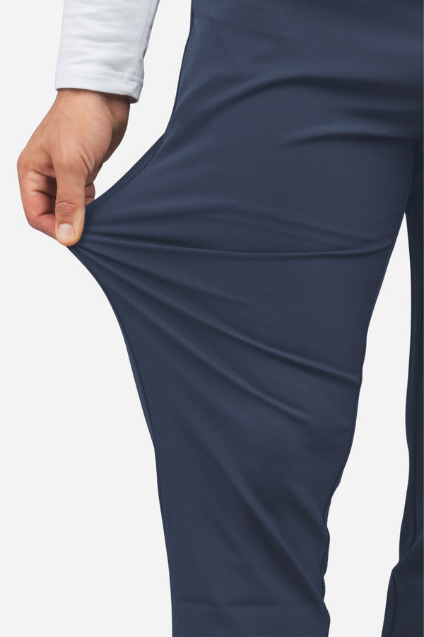 Navy 5 Pocket Super Stretch Performance Pants, fabric stretch close-up