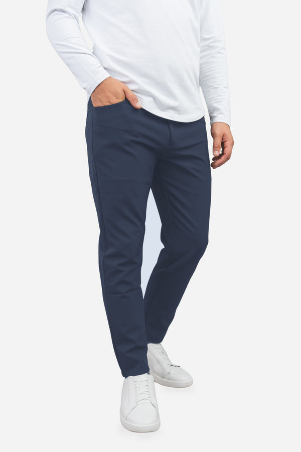 Navy 5 Pocket Super Stretch Performance Pants, three-quarter view