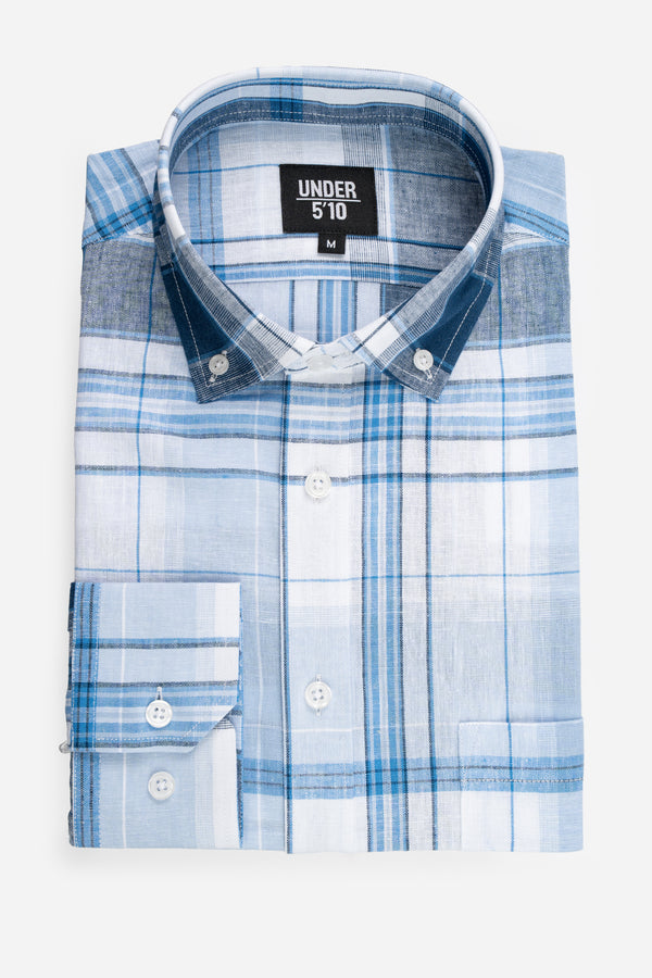 Linen Blend Button Down Shirt Sky Blue Plaid