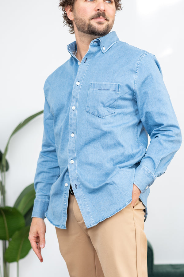 Stretch Denim Button Down Shirt Light Wash