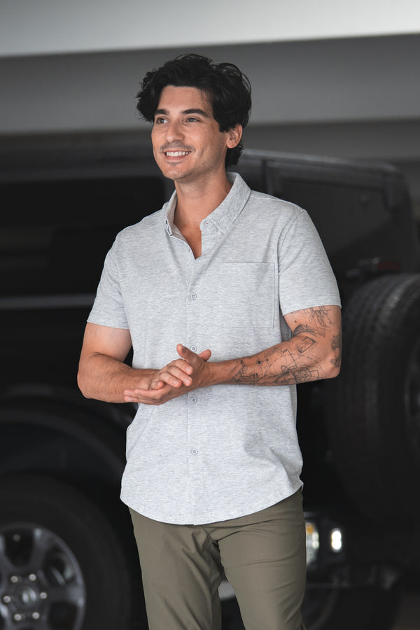 Performance Pique Short Sleeve Button Down Shirt Heather Gray