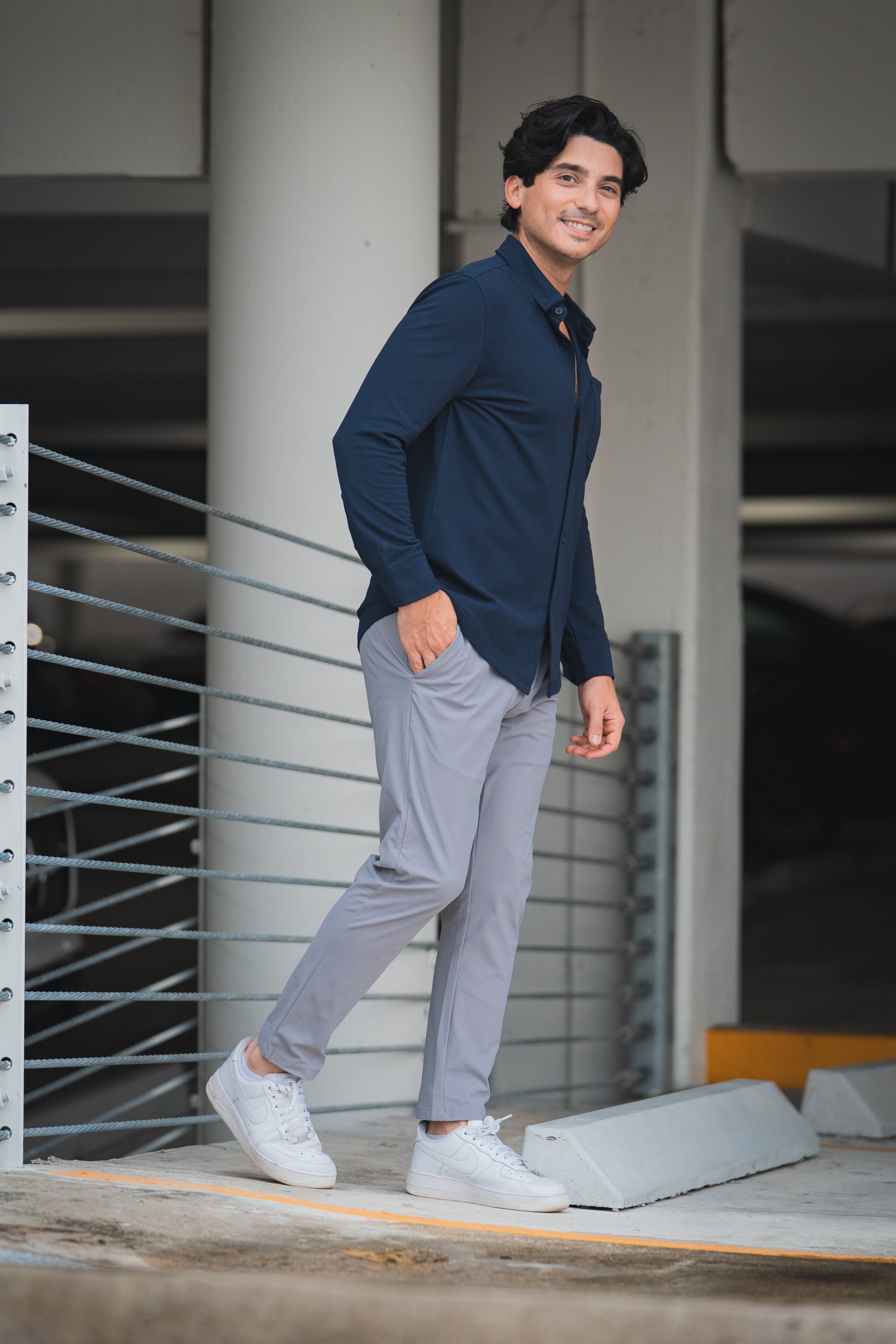Performance Pique Button Down Shirt Navy