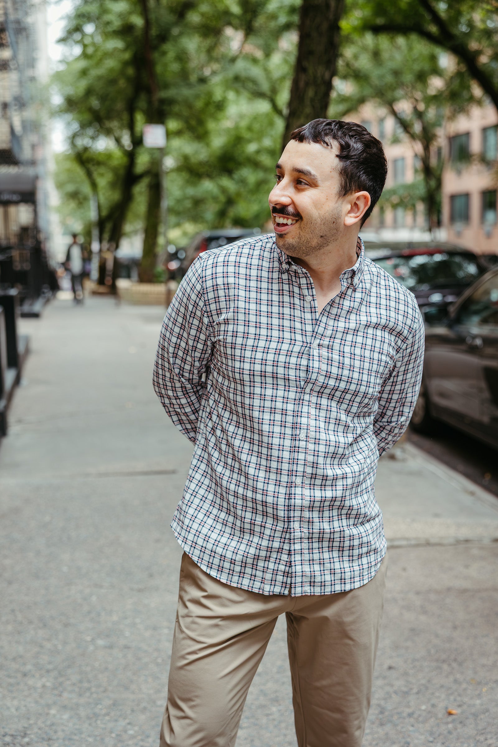 Linen Blend Button Down Shirt Navy Red Plaid