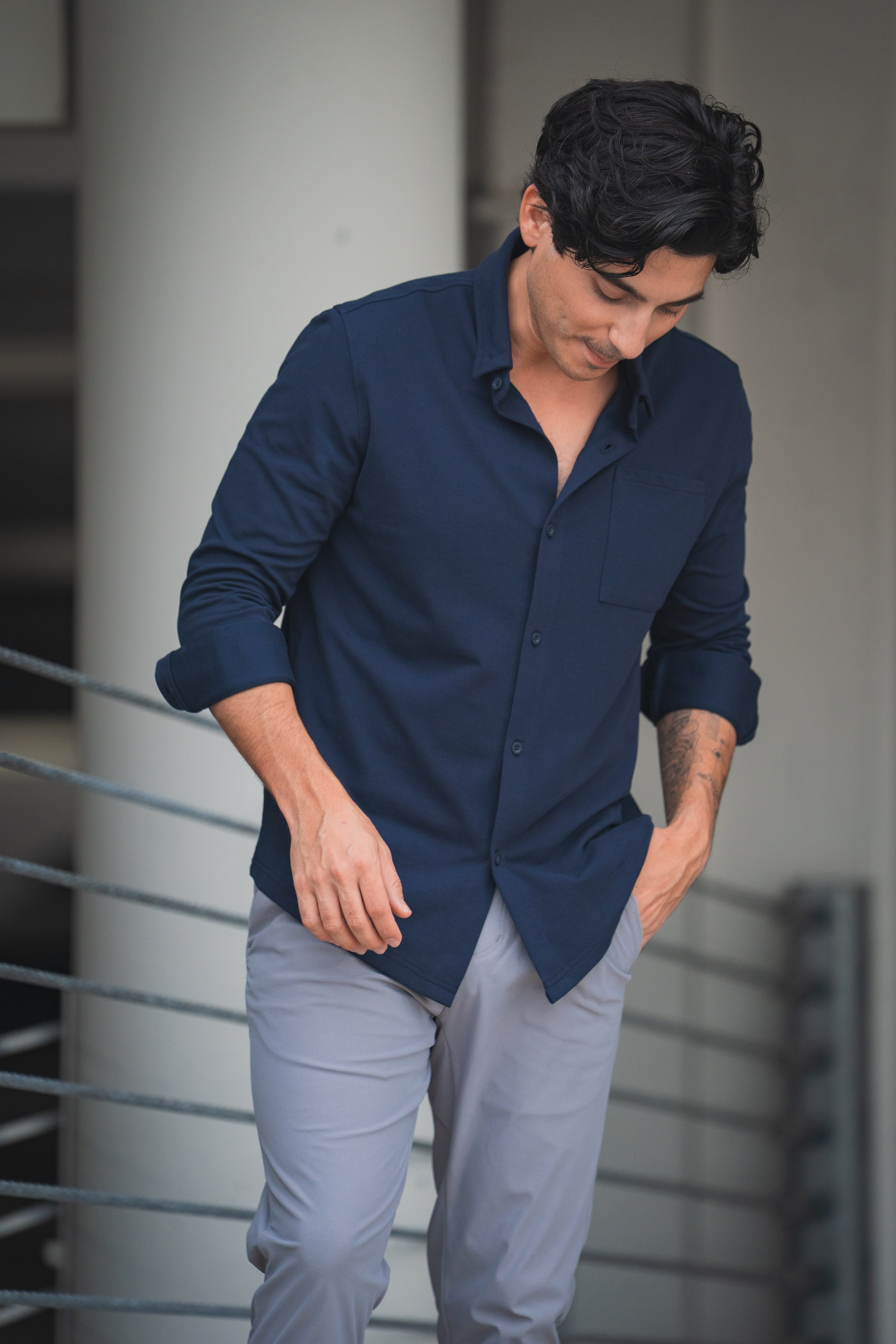 Performance Pique Button Down Shirt Navy