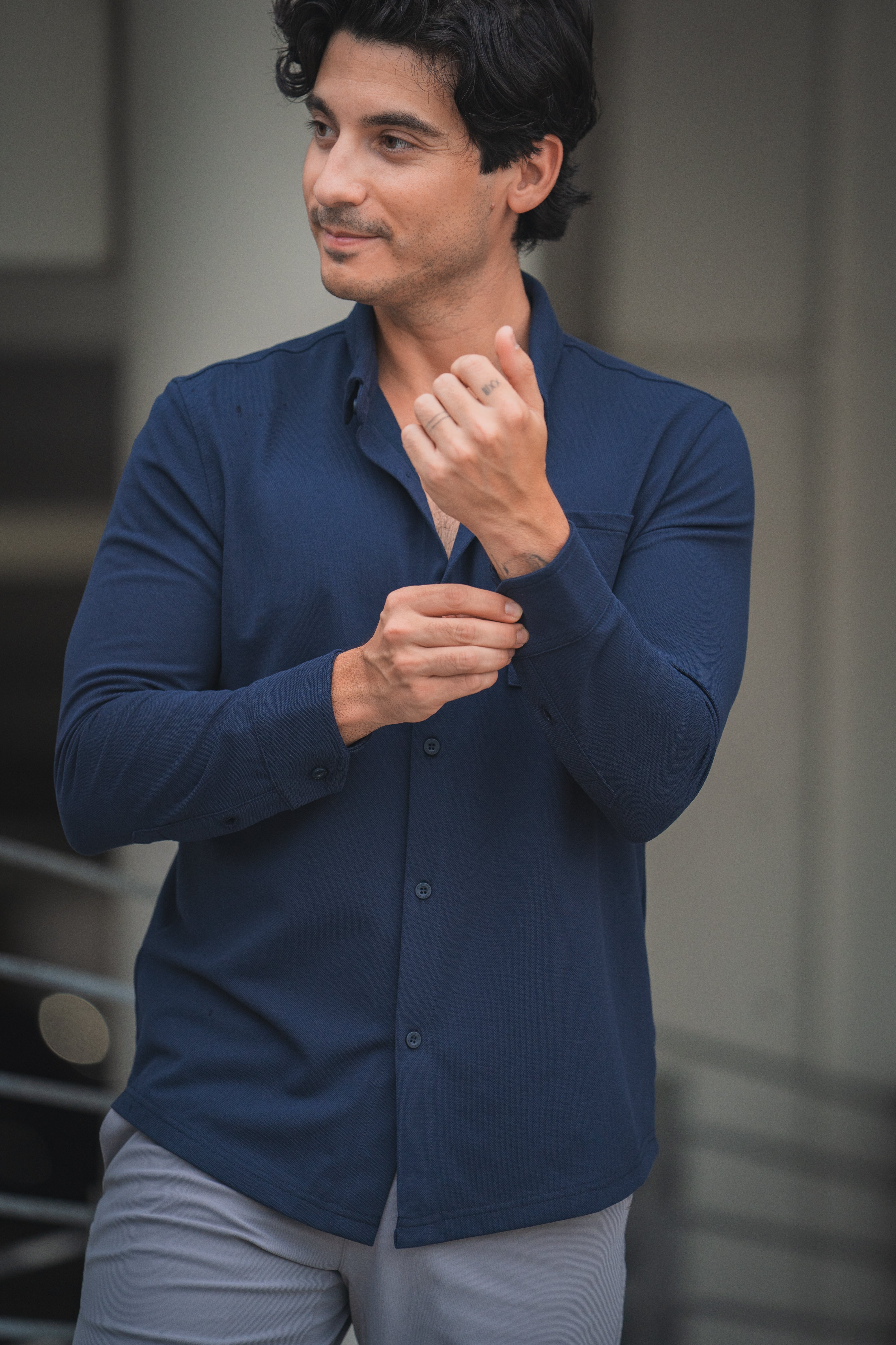 Performance Pique Button Down Shirt Navy