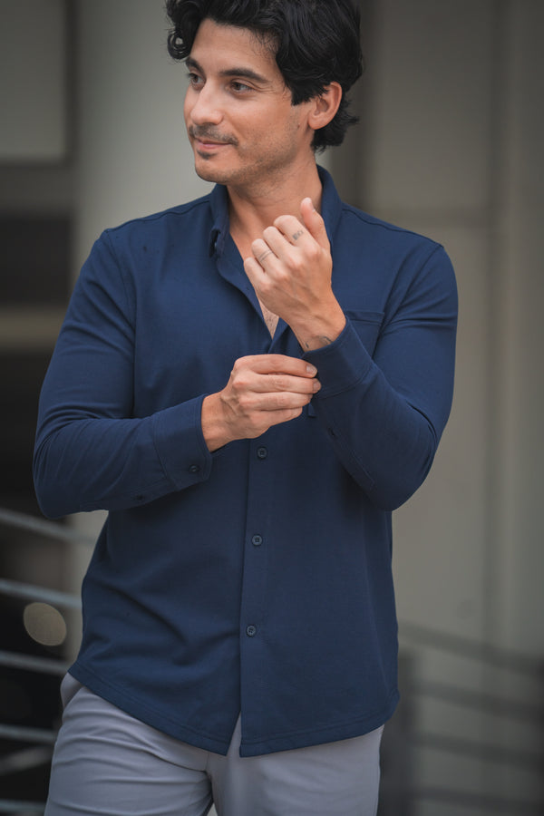 Performance Pique Button Down Shirt Navy