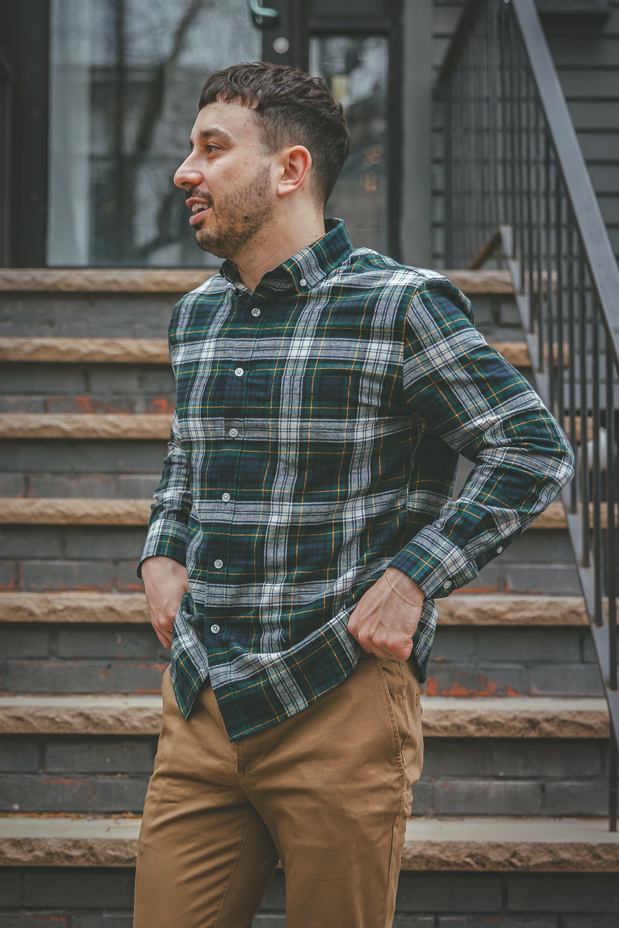 Flannel Button Down Shirt Green Tartan