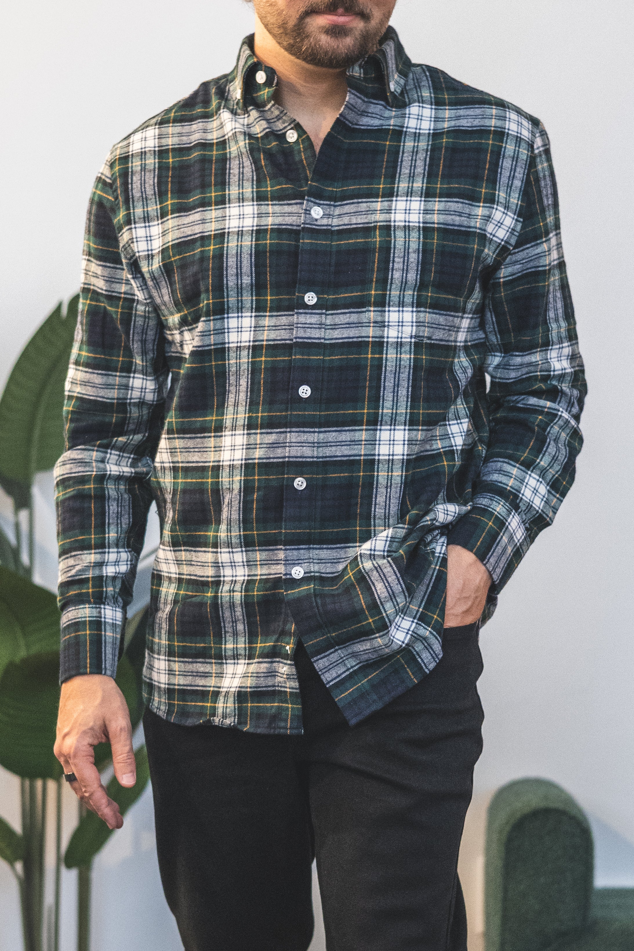Flannel Button Down Shirt Green Tartan