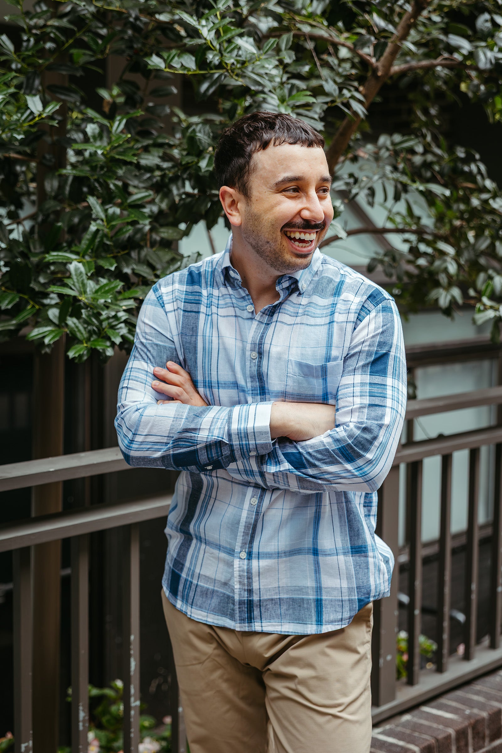 Linen Blend Button Down Shirt Sky Blue Plaid