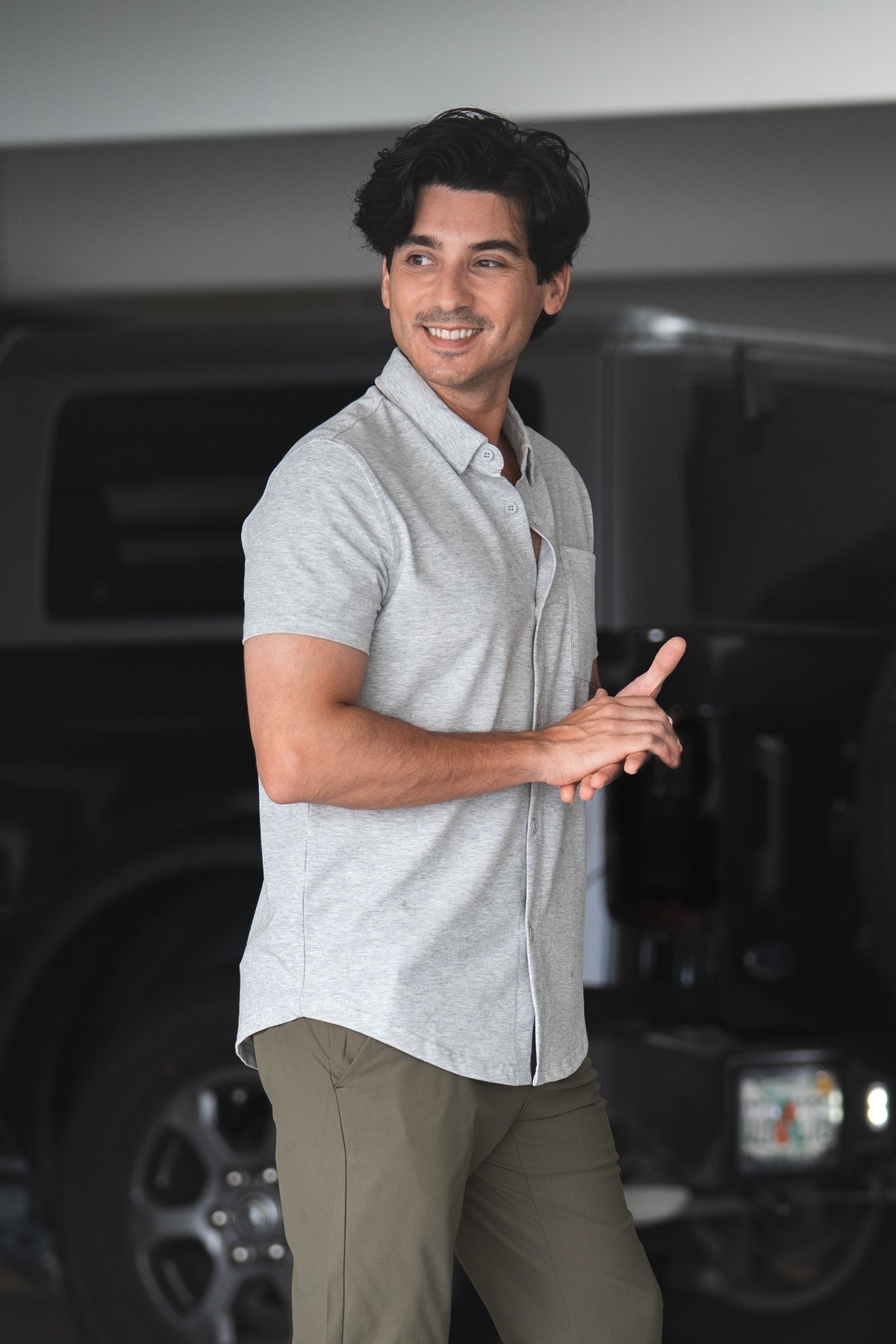 Performance Pique Short Sleeve Button Down Shirt Heather Gray
