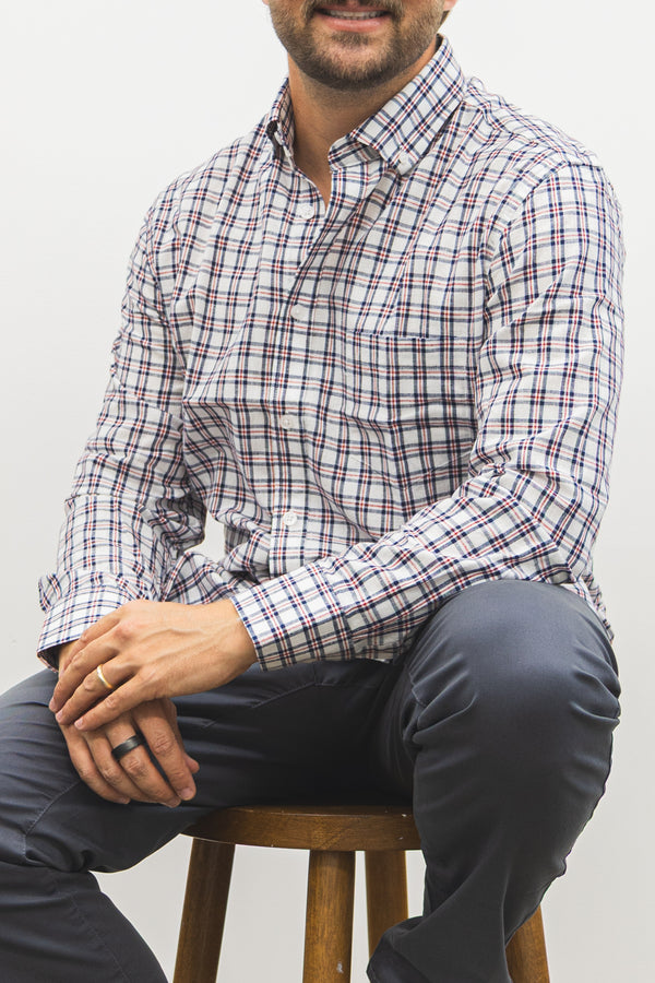 Linen Blend Button Down Shirt Navy Red Plaid