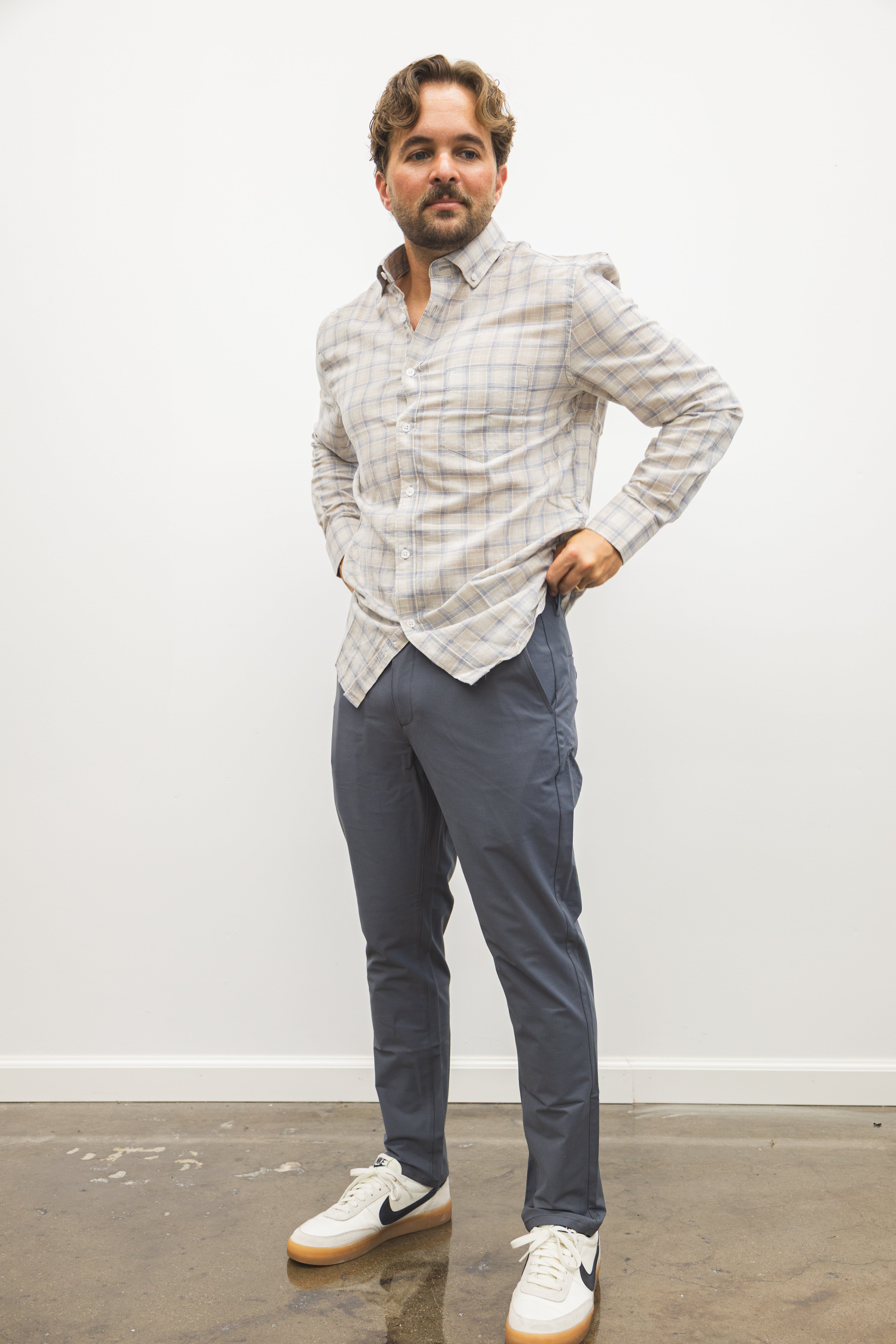 Linen Blend Button Down Shirt Beige Plaid