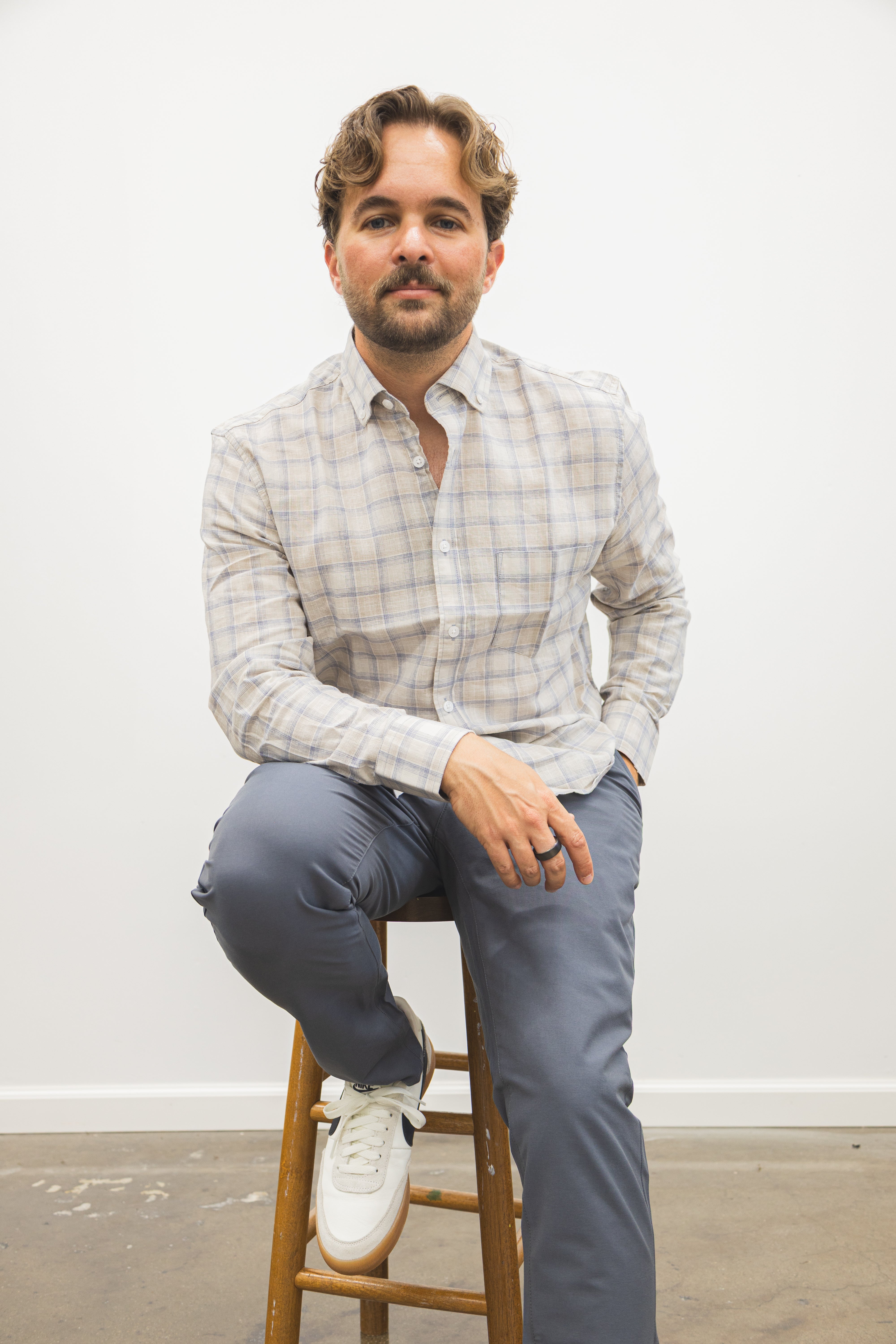Linen Blend Button Down Shirt Beige Plaid