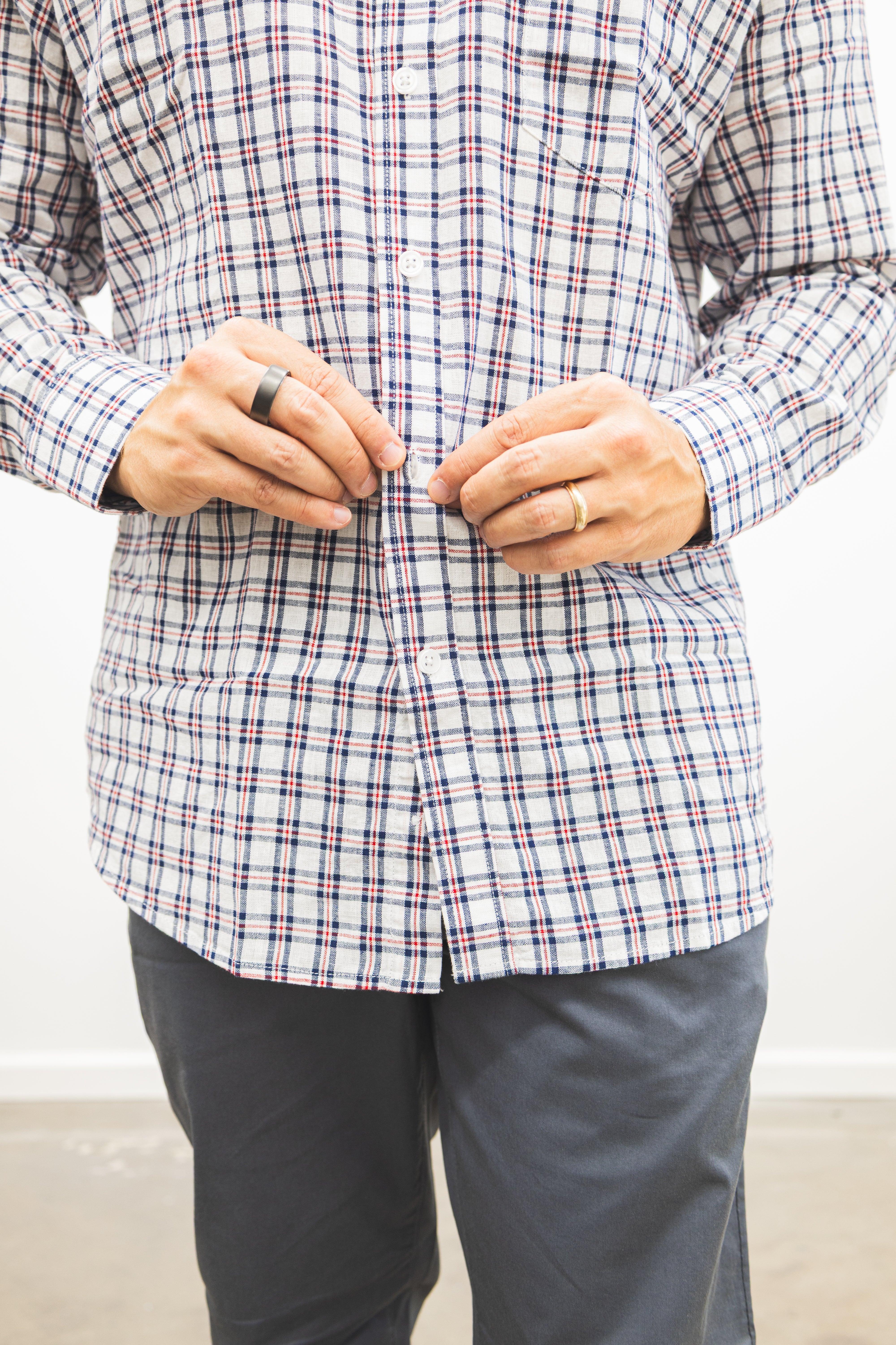 Linen Blend Button Down Shirt Navy Red Plaid