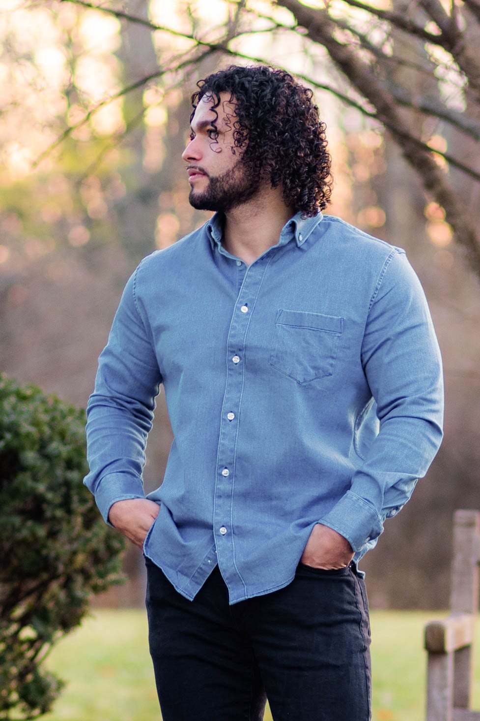 Stretch Denim Button Down Shirt Light Wash Under 510