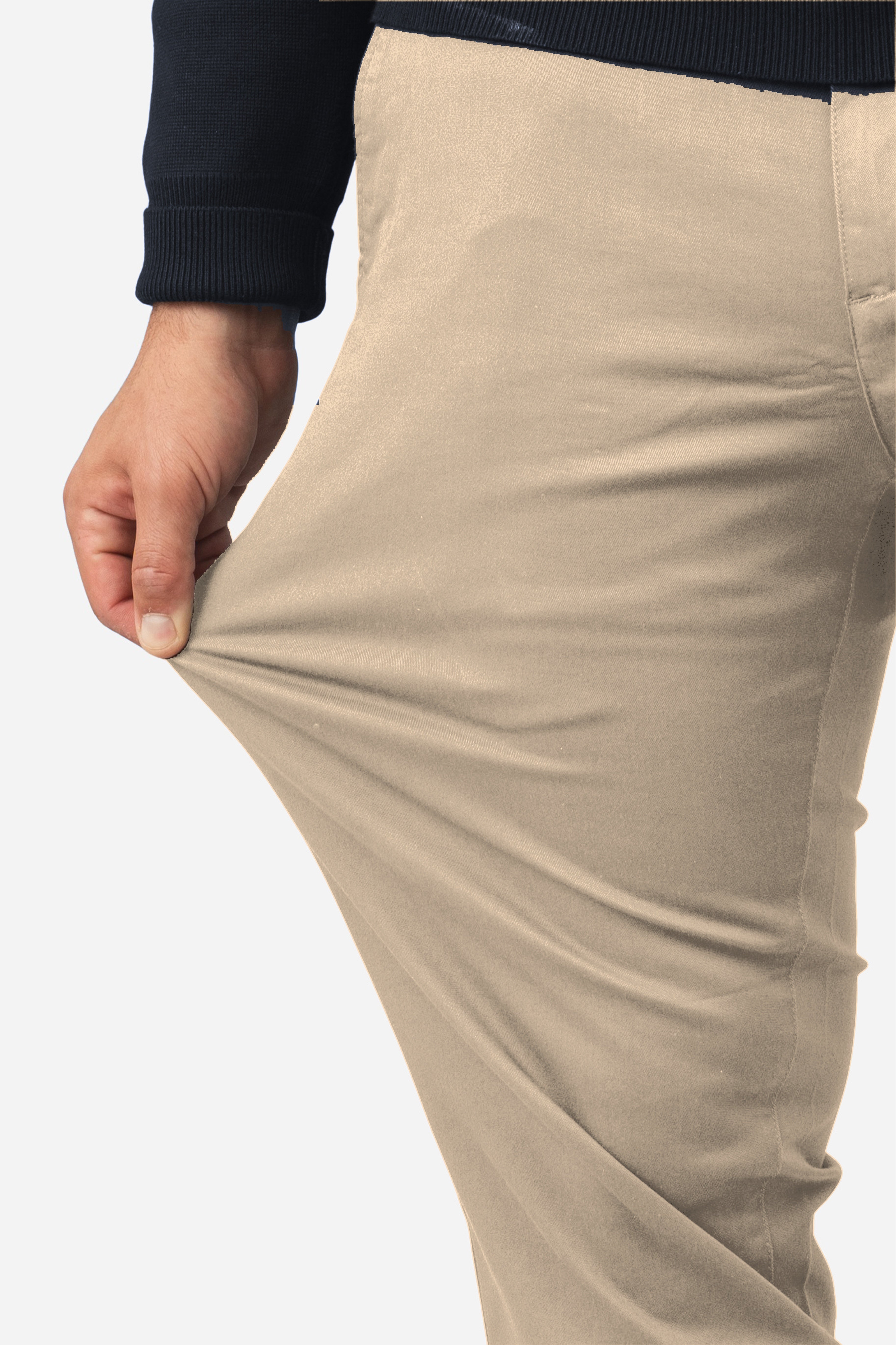 Close-up of the khaki Extra Stretch Chino fabric being pulled to show its stretch, on a model under 5'10"