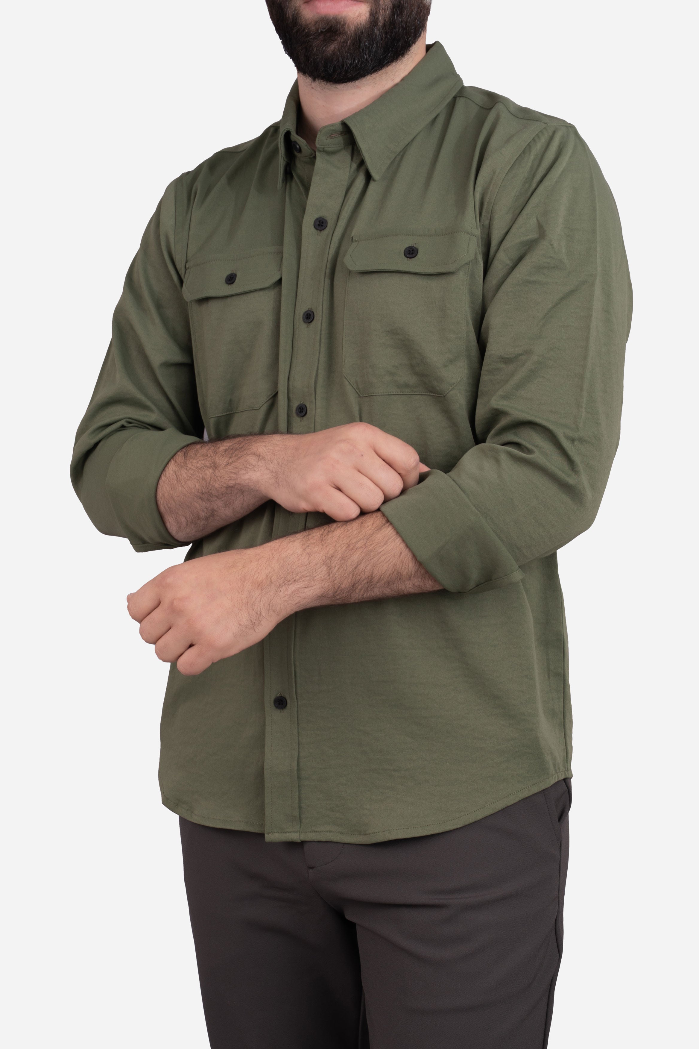 Roam Stonewash Button Down Shirt Army Green