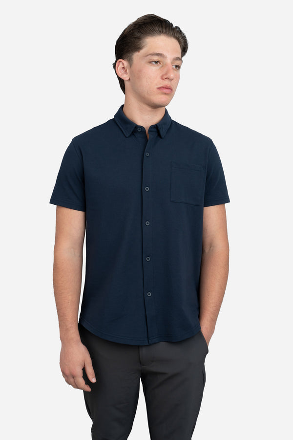 Performance Pique Short Sleeve Button Down Shirt Navy