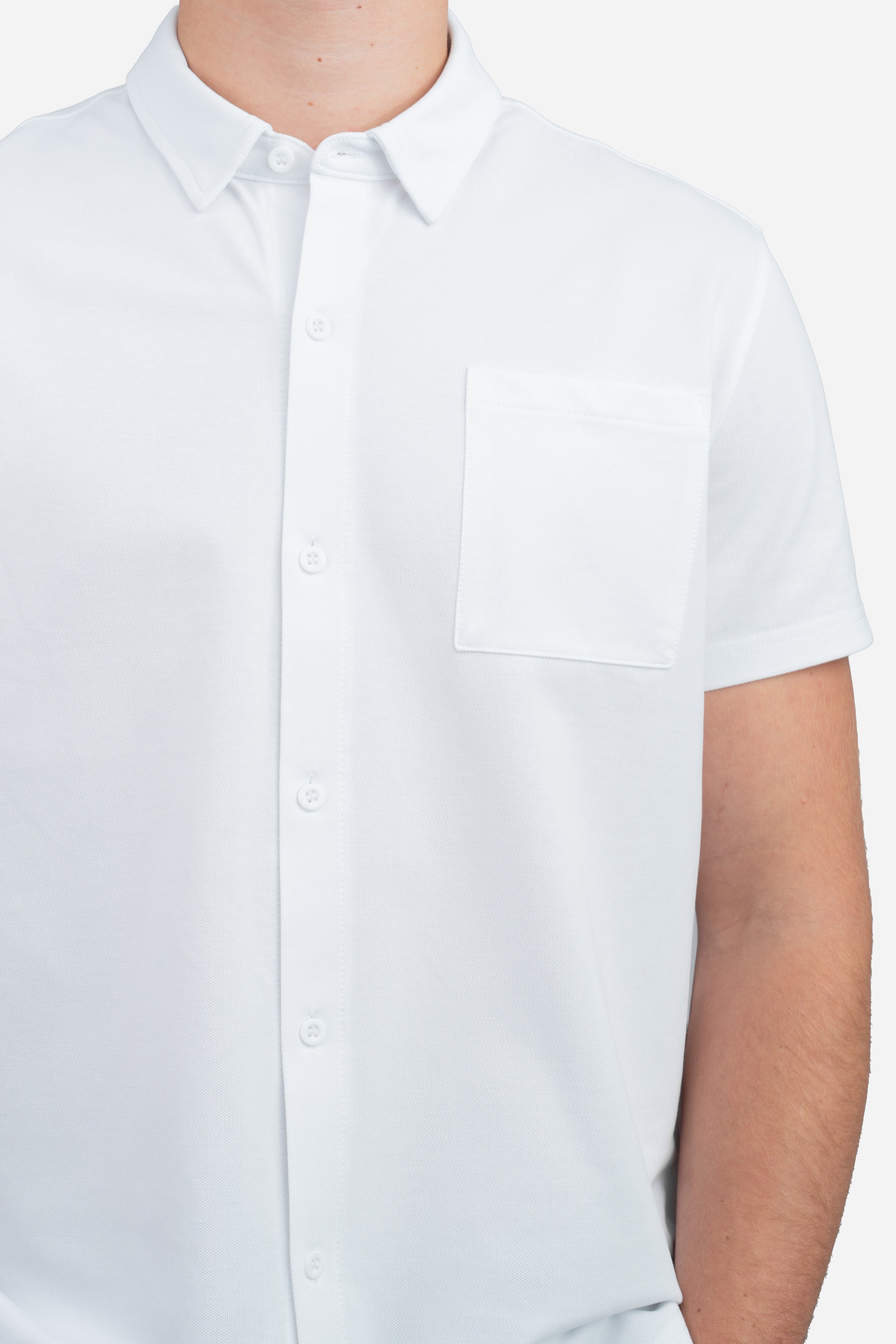 Pique Short Sleeve Button Down Shirt | White | Under 510 M