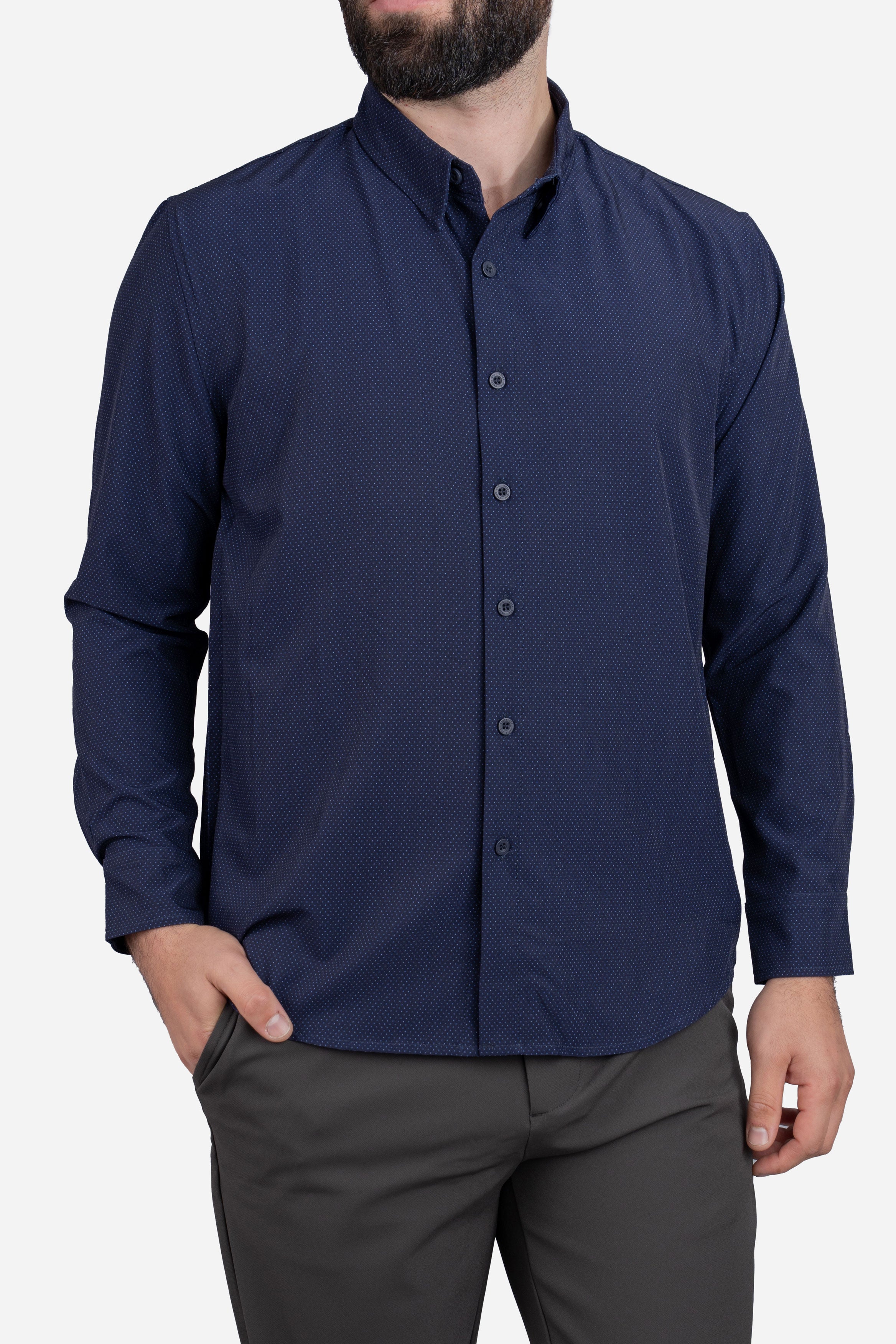 Warp Stretch Button Down Shirt Navy Pin Dot