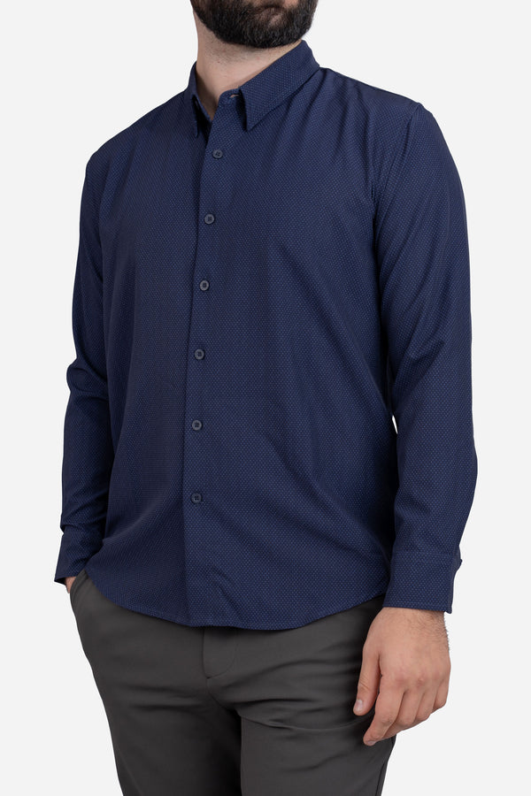 Warp Stretch Button Down Shirt Navy Pin Dot