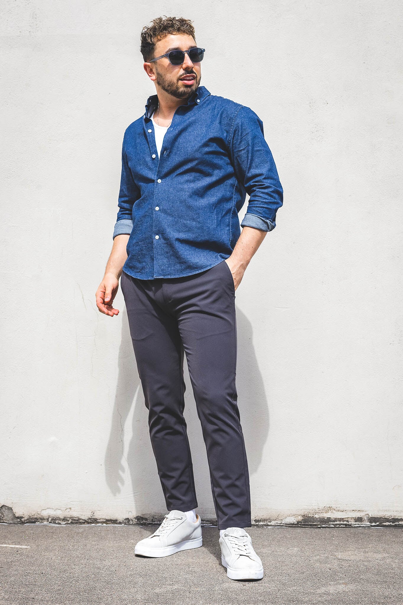 Stretch Denim Button Down Shirt | Medium Wash | Under 510